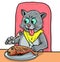 Cartoon cat eating fried fish