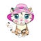 Cartoon cat in a hat with flowers. Summer, vacation. Cute child character, symbol of 2023 new chinese year