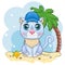 Cartoon cat in a hat with flowers. Summer, vacation. Cute child character, symbol of 2023 new chinese year.