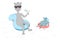 Cartoon cat and mouse rest on the water and swim on inflatable rings. The cat and the mouse relax in the summer. Summer