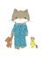 Cartoon cat and mouse wearing pajamas