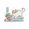 Cartoon cat pushing a flower pot off the window sill, funny naughty pet animal breaking things.