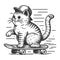 Cartoon cat riding skateboard sketch raster
