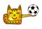 A cartoon cat with a soccer ball. A funny drawing. Football.