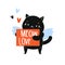 Cartoon cat and typography meow love. Cupid cat character for St Valentine`s day theme