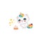 Cartoon cat unicorn blowing candles on birthday cake, cute happy white kitten with rainbow horn and tail