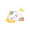 Cartoon cat unicorn sleeping, cute funny kitten with rainbow horn and tail taking a nap on pillow under moon and stars