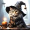 Cartoon cat with a wizard\\\'s hat, dressed in a wizard\\\'s outfit, Halloween, Generative AI