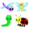 Cartoon caterpillar, ladybird, dragonfly, 3d butterfly