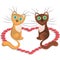 Cartoon cats which is in love and heart from trace of cat paw footprints, vector