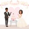 Cartoon caucasian bride and afro-american groom cutting wedding cake. Happy day. Couple in love. Woman in lush dress