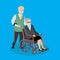 Cartoon caucasian Grandpa with a cane and grandmother in a wheel