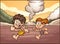 Cartoon cave boy and girl running on a prehistoric landscape
