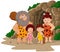 Cartoon caveman family with cave background