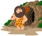 Cartoon caveman holding club with cave background