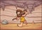 Cartoon caveman walking in a cave interior