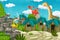 Cartoon cavemen village scene with volcano and dinosaur diplodocus in the background - illustration