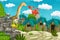 Cartoon cavemen village scene with volcano and dinosaur diplodocus in the background - illustration