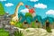 Cartoon cavemen village scene with volcano and dinosaur diplodocus in the background - illustration