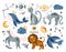 Cartoon celestial animals and bird isolated kids clipart