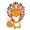 Cartoon chanterelle with an Indian headdress made of feathers on the head. Lovely stylized fox. Vector illustration for