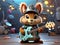 A cartoon character of an adorable squirrel playing guitar with rocker outfit, lights, animal creatures, music