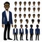 Cartoon character with African American business man in smart suit for animation. Front, side, back, 3-4 view character. Separate