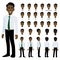 Cartoon character with American African business man in smart shirt for animation. Front, side, back, 3-4 view character. Separate