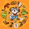 Cartoon character american raccoon set classic western items round design print