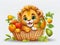 Cartoon character of baby lion with a basket of fruits, cute face, animal creatures, white background, printable