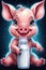Cartoon character of a baby piglet holding a milk bottle, cute face, adorable, animal creatures, no background, printable