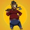 Cartoon character bear dressed in the clothes of a lumberjack with an axe