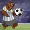Cartoon character bear in a striped tank top with a soccer ball