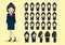 Cartoon character with beautiful air hostess, lady head vector set. Front, side, back view. Flat vector.