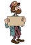 cartoon character beggar holding blank cardboard sign beard on white background