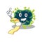 Cartoon character of beta coronavirus holding menu ready to serve