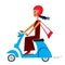 A cartoon character, a black-haired girl in a long evening dress and wearing a helmet, rides a small scooter