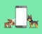 Cartoon character bulldog and doberman dog with smartphone