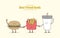 Cartoon character of Burger, French fries, Soda illustration vector on pale yellow background. Best friend foods concept.