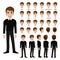 Cartoon character with business man animation. Front, side, back, 3-4 view character. Separate parts of body. Flat