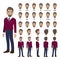 Cartoon character with business man in purple sweater shirt for animation. Front, side, back, 3-4 view character. Separate parts