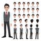Cartoon character with business man in smart shirt and waistcoat for animation. Front, side, back, 3-4 view character. Separate