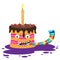 Cartoon character cake with a candle and a pipe on a white isolated background. Vector image