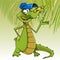 Cartoon character cheerful crocodile in a cap gesticulating arm