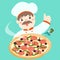 Cartoon character chef with hot pizza