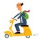 Cartoon character clerk rides a small yellow scooter