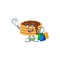 Cartoon character concept of rich chocolate cream pancake with shopping bags