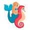 Cartoon character cute fantasy mermaid riding with red seahorse under the sea isolated on white vector, illustration.