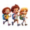 Cartoon Character Cute Happy School or Students Kids Carry a Bag, with Friends Running Back to School Having Fun Together on a