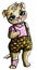Cartoon character, cute naughty puppy with small ears and big adorable eyes, with smile and protruding tongue, in plaid shorts wit